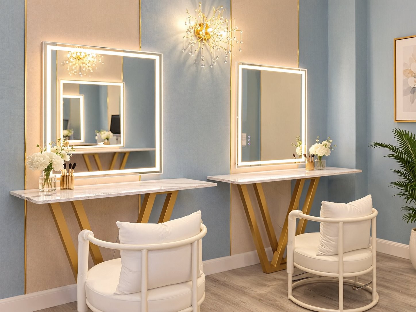 Softly lit mirrors and cream chairs in the beauty room