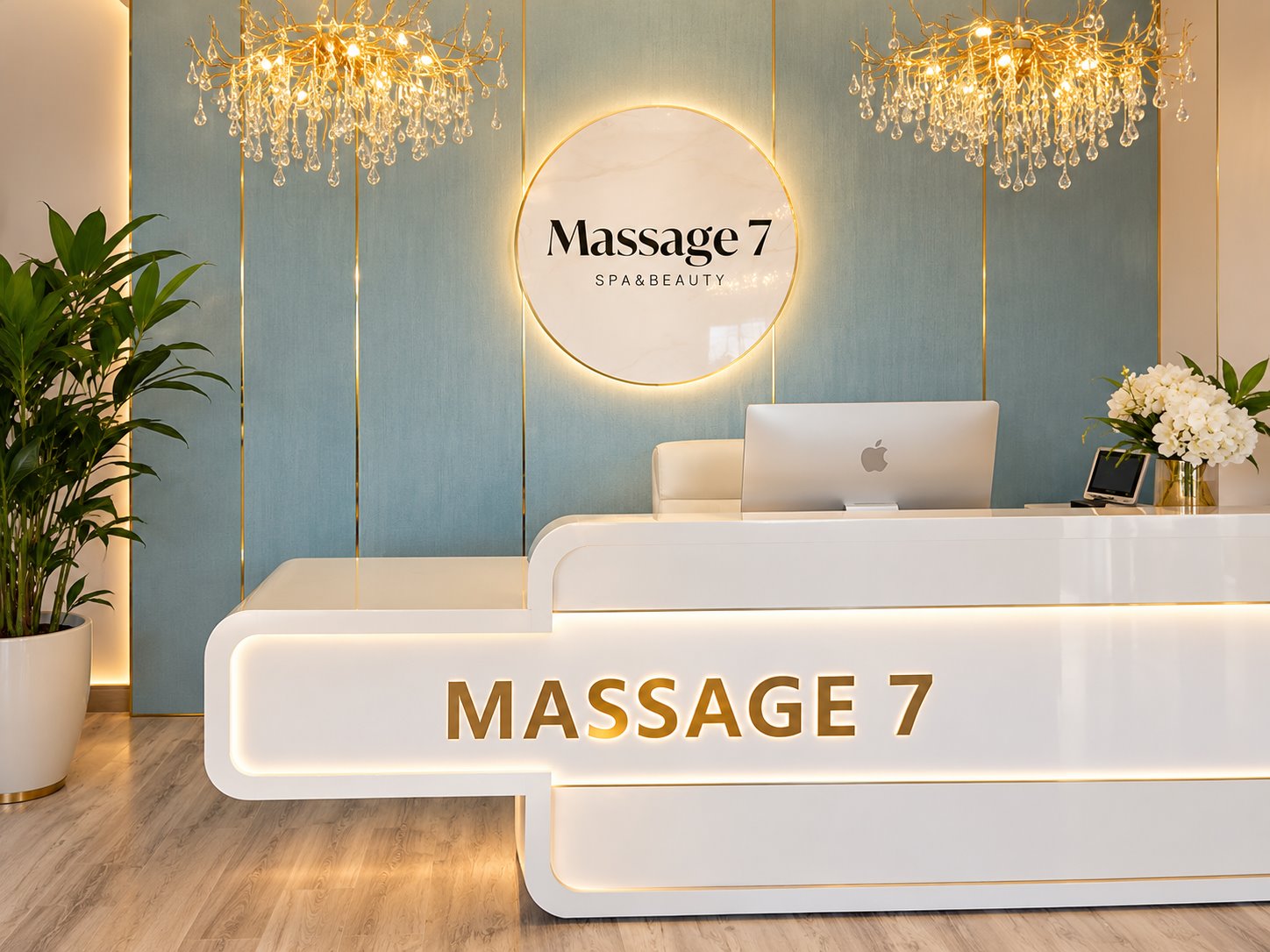 Massage 7 reception with an illuminated round sign and gold trim
